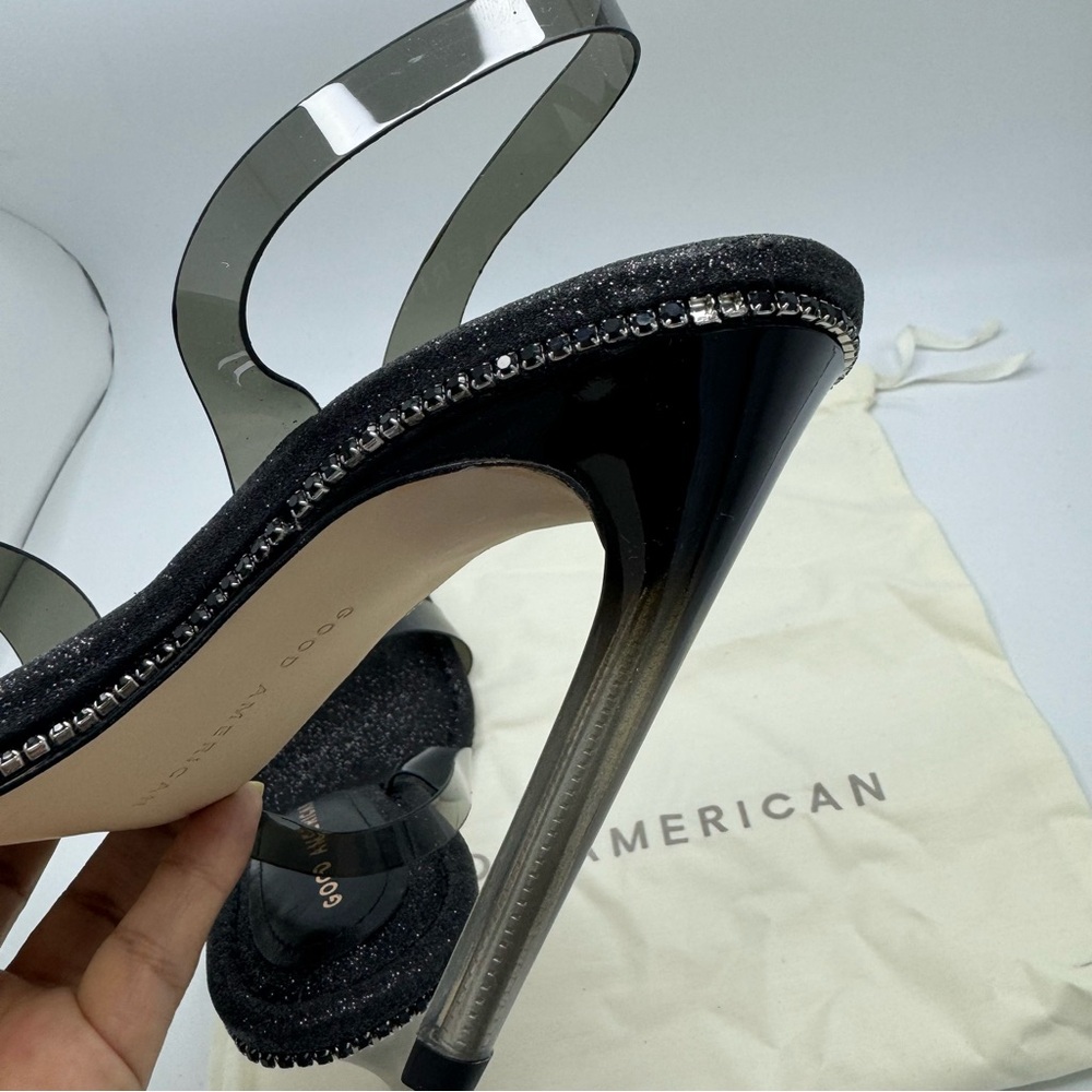 GOOD AMERICAN Black Crystal Crush Lucite Sandal Size 8.5 Black Glitter New - Picture 9 of 11